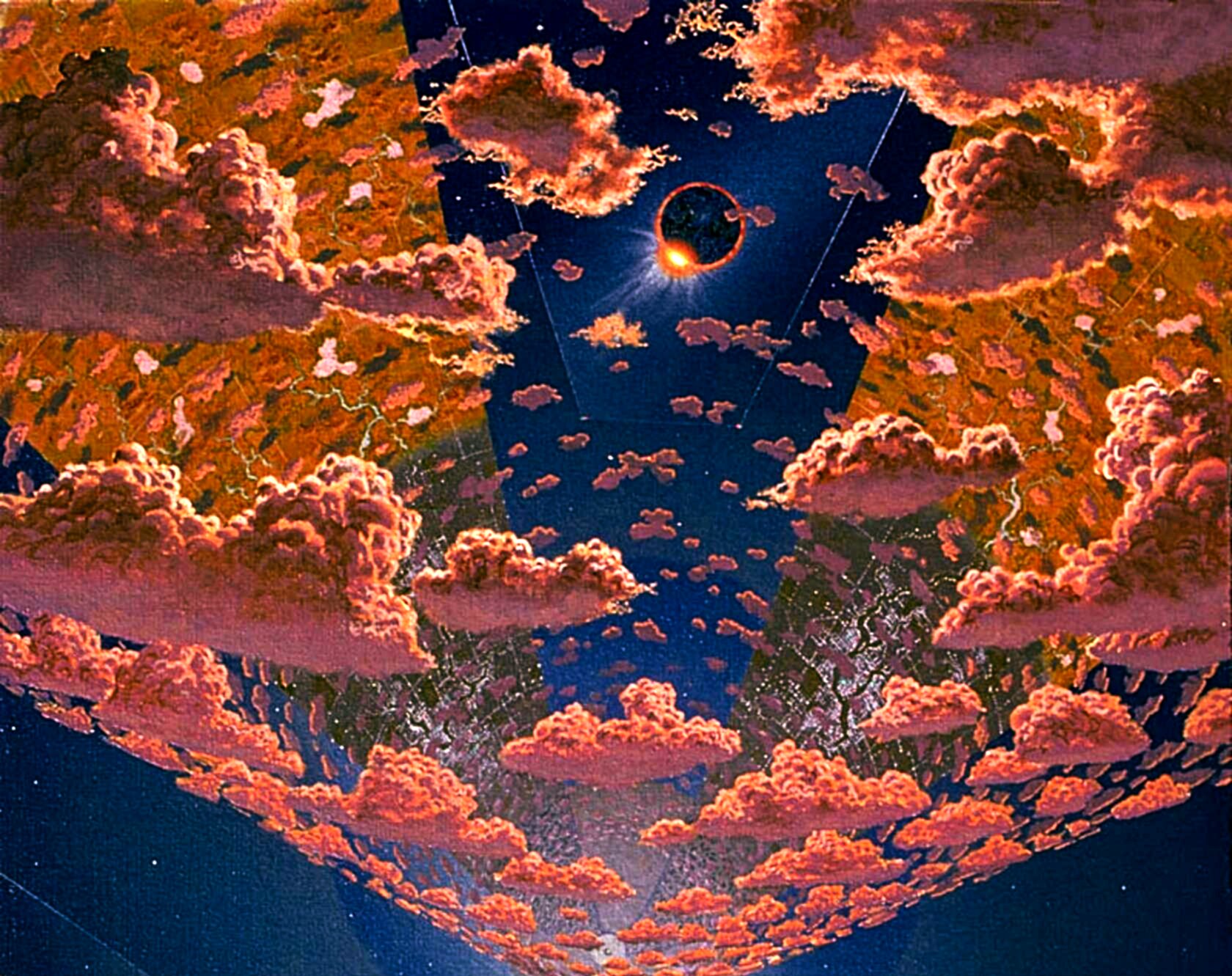 Oil painting depicting the interior of a giant cylindrical O'Neill 'Model 3' space colony habitat, viewed from within. The curved interior wraps around the viewer in a panoramic arc, with rust-orange and amber cumulus clouds massing near the central rotation axis overhead. A dark, star-scattered corridor runs through the middle of the composition, framing a brilliant solar eclipse where the colony has entered Earth's shadow at the L5 Lagrangian point. The entire scene is drenched in deep ruddy amber and burnt sienna tones, evoking the simultaneous light of every sunrise and sunset on Earth.