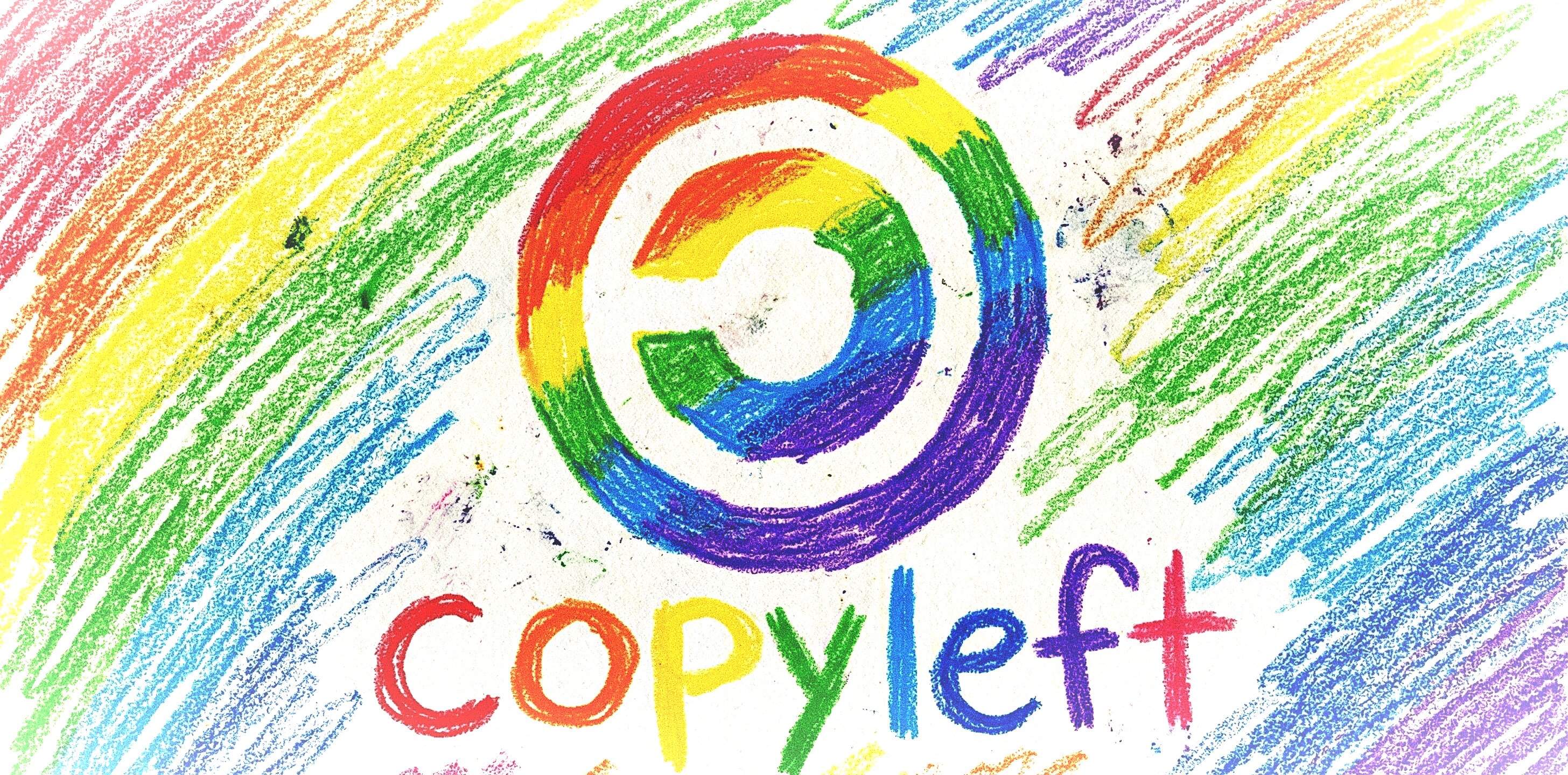 Rainbow-coloured copyleft symbol in a spiral design above the word 'copyleft' spelled in multi-colored letters, set against a background of diagonal rainbow crayon strokes in red, orange, yellow, green, blue, and purple