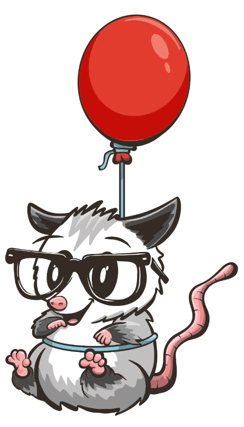 A cartoon illustration of a cute opossum wearing oversized black-rimmed glasses and a light blue collar, floating in the air while holding a red balloon by a blue string. The opossum has wide expressive eyes, a pink nose, small pink paws, and a long pink tail curling to one side. The art style is bold and graphic with thick outlines, rendered in shades of grey, white, and black against a white background.