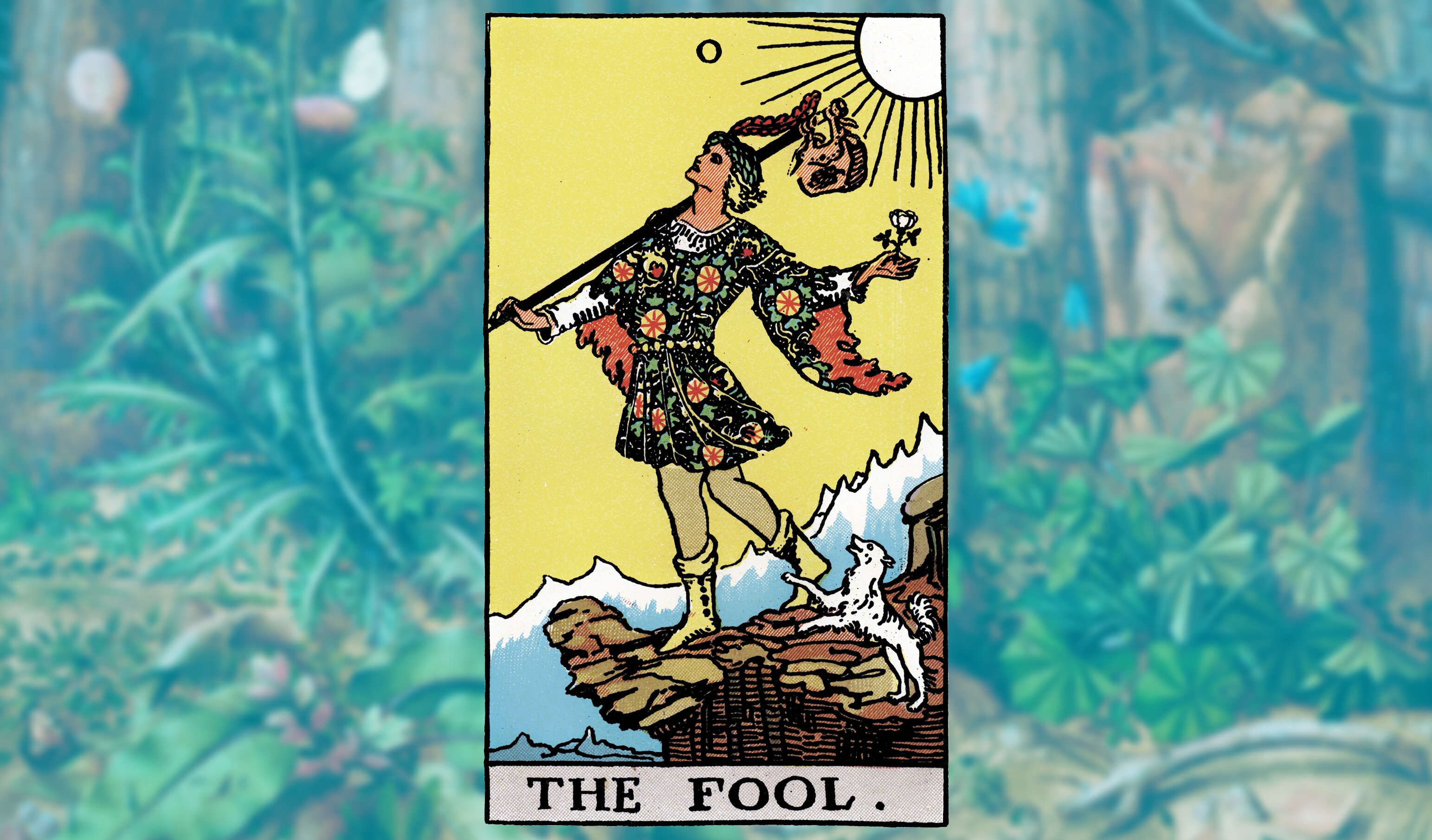 The Fool tarot card from the Rider-Waite deck, numbered 0. A young figure in an ornate, flower-patterned tunic stands at the edge of a rocky cliff, face tilted upward toward a bright sun in the upper right corner. They carry a white rose in one outstretched hand and a wooden staff over their shoulder with a small sack tied to the end. A white dog leaps up at their heels. The background is a flat yellow sky above snow-capped mountains. The card is set against a blurred, blue-green forest background. The title 'THE FOOL.' appears in a banner at the bottom.