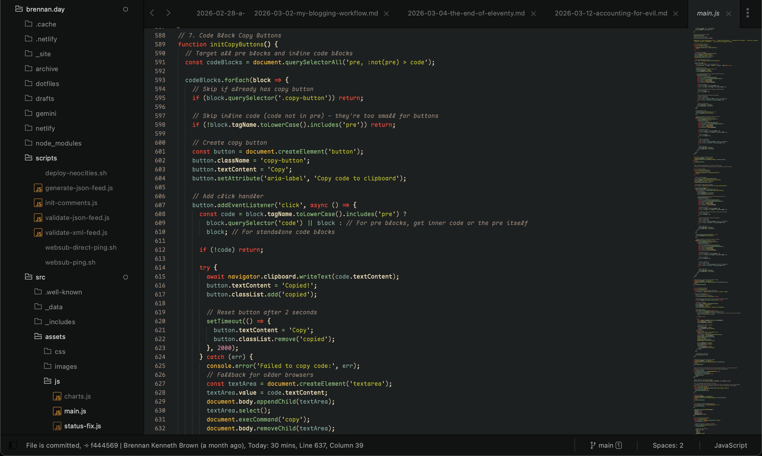 Screenshot of the JavaScript file (main.js) open in a code editor, showing a function called initCopyButtons that adds 'Copy' buttons to code blocks on a webpage. The file is part of the brennan.day 11ty project, visible in the left-hand file tree. The code targets pre and code elements, creates button elements with clipboard functionality, and includes a fallback for older browsers using execCommand. The status bar shows the file was last committed by Brennan Kenneth Brown.