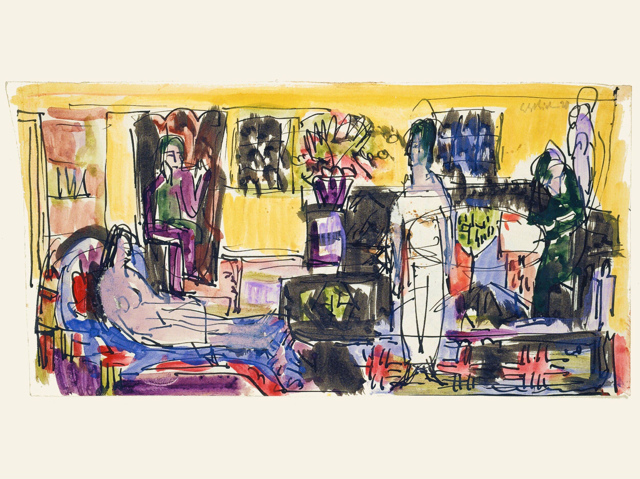 A loose, expressive watercolour and ink sketch depicting an interior scene with multiple figures. A reclining nude figure in blue and pale pink dominates the lower left foreground. Behind them, a seated figure in purple and green occupies a chair. The background is filled with warm golden yellow and features framed artworks or windows on the wall, rendered in dark gestural lines. Additional standing or seated figures are suggested on the right side through rapid, overlapping ink marks in blue, green, and dark brown. Red accents appear throughout the composition. The style is spontaneous and gestural, characteristic of mid-20th century expressionist drawing.