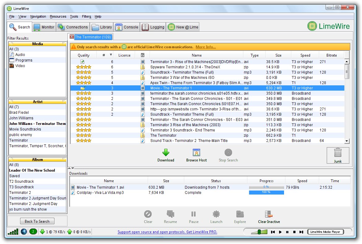 Screenshot of LimeWire 2008, a peer-to-peer file sharing application. The interface shows search results for 'The Terminator' with 109 results listed by quality rating, file type, size, and connection speed. In the downloads panel at the bottom, The Terminator 1.avi (630.2 MB) is actively downloading from 7 hosts at 79 KB/s, while Coldplay's 'Viva La Vida.mp3' shows as complete.