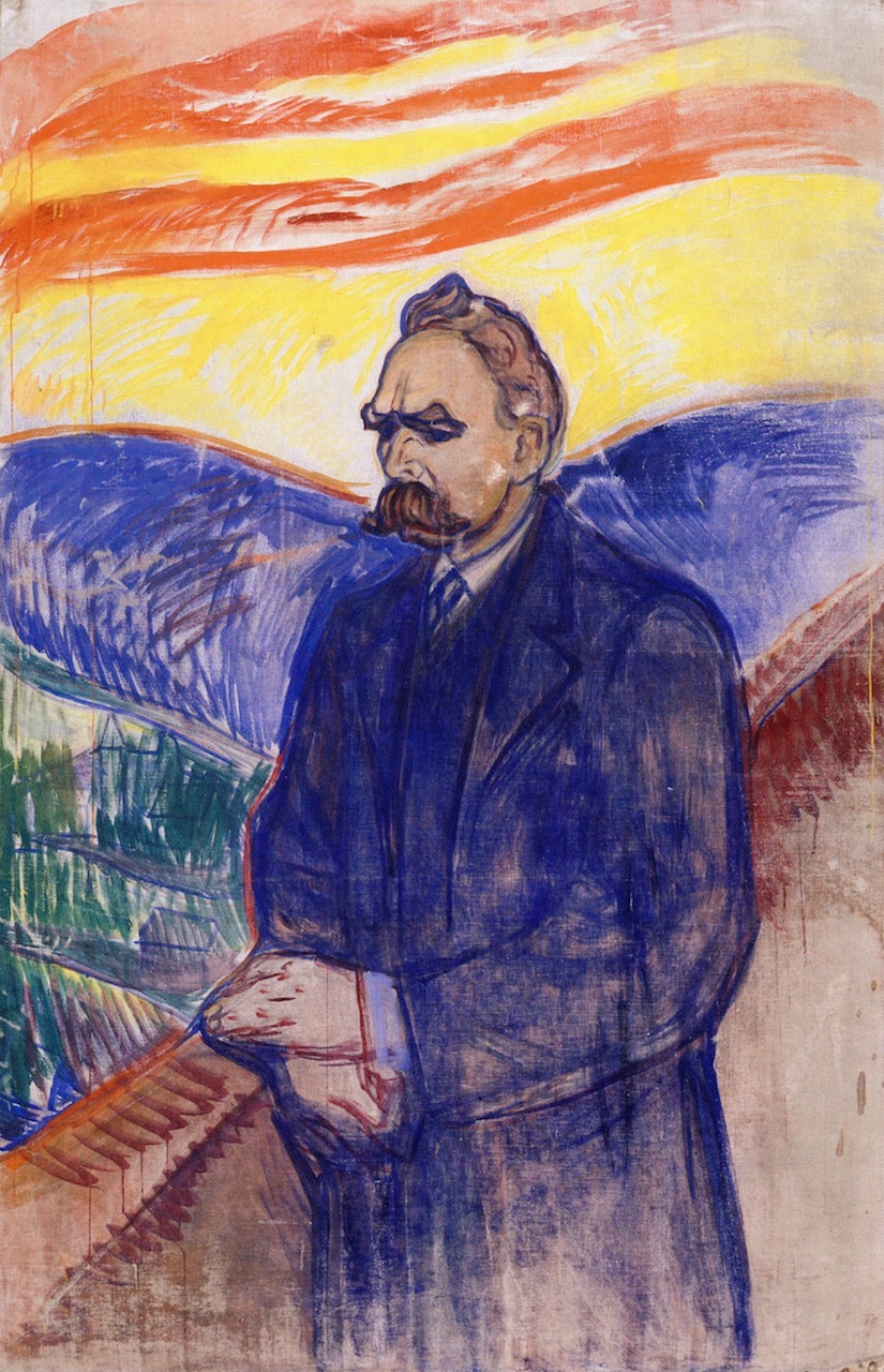An Expressionist portrait of the philosopher Friedrich Nietzsche rendered in bold, gestural brushstrokes. A heavyset man in a dark blue coat stands in three-quarter view, head bowed and brow furrowed, with a prominent dark moustache. Behind him, a swirling landscape of vivid horizontal bands — fiery orange and yellow sky above, deep cobalt blue hills, and green forest at lower left — echoes the emotional intensity of the figure. A reddish staircase or railing runs diagonally along the right edge. The overall mood is brooding and monumental.