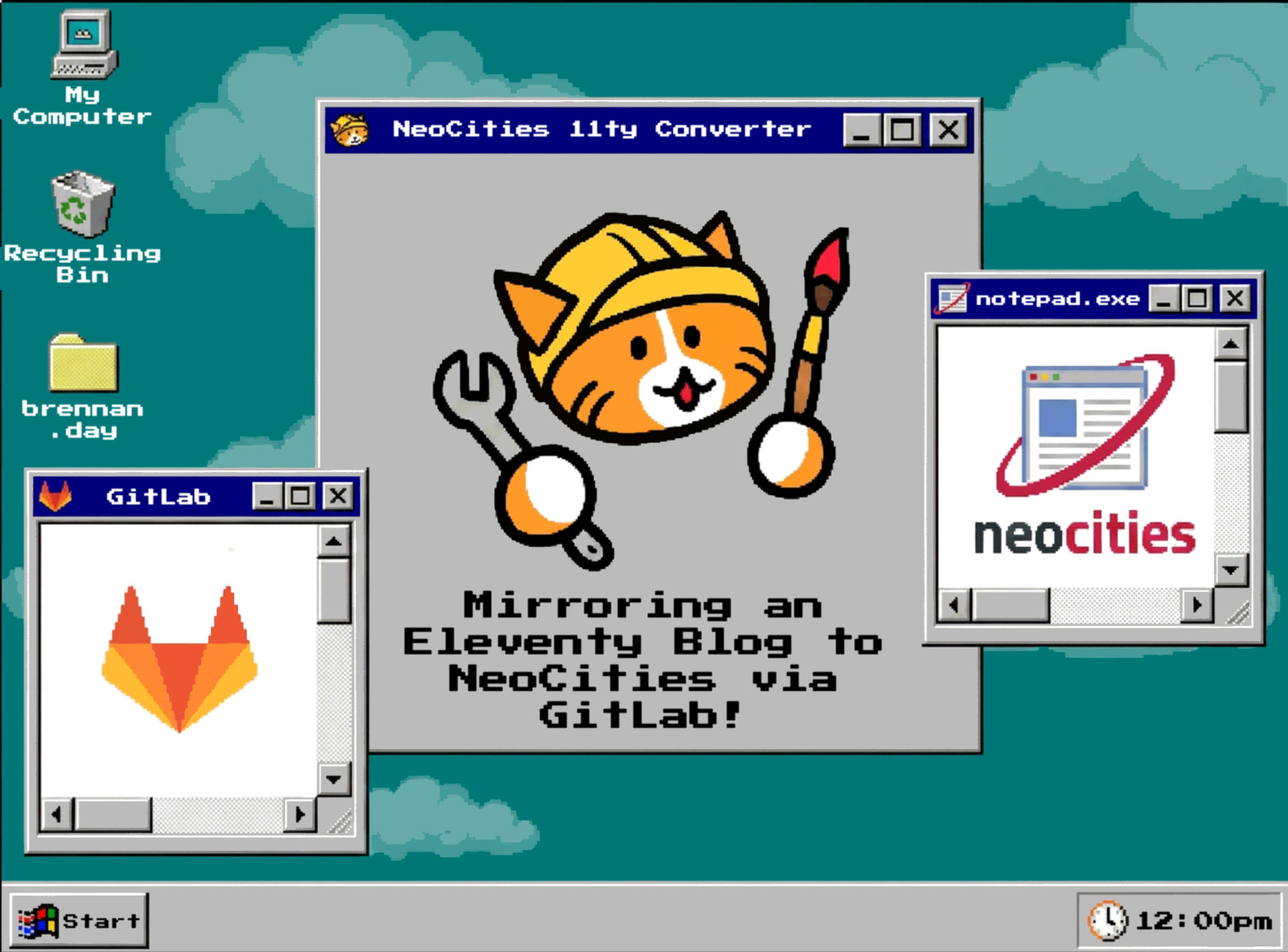 A retro Windows 95-style desktop screenshot showing three open windows. The center window titled 'NeoCities 11ty Converter' features a cheerful cartoon orange tabby cat wearing a yellow hard hat and holding a wrench and paintbrush. 