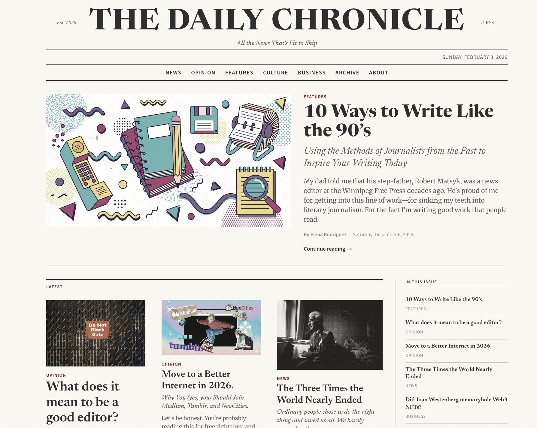 Newsprint theme screenshot showing a newspaper-style blog layout