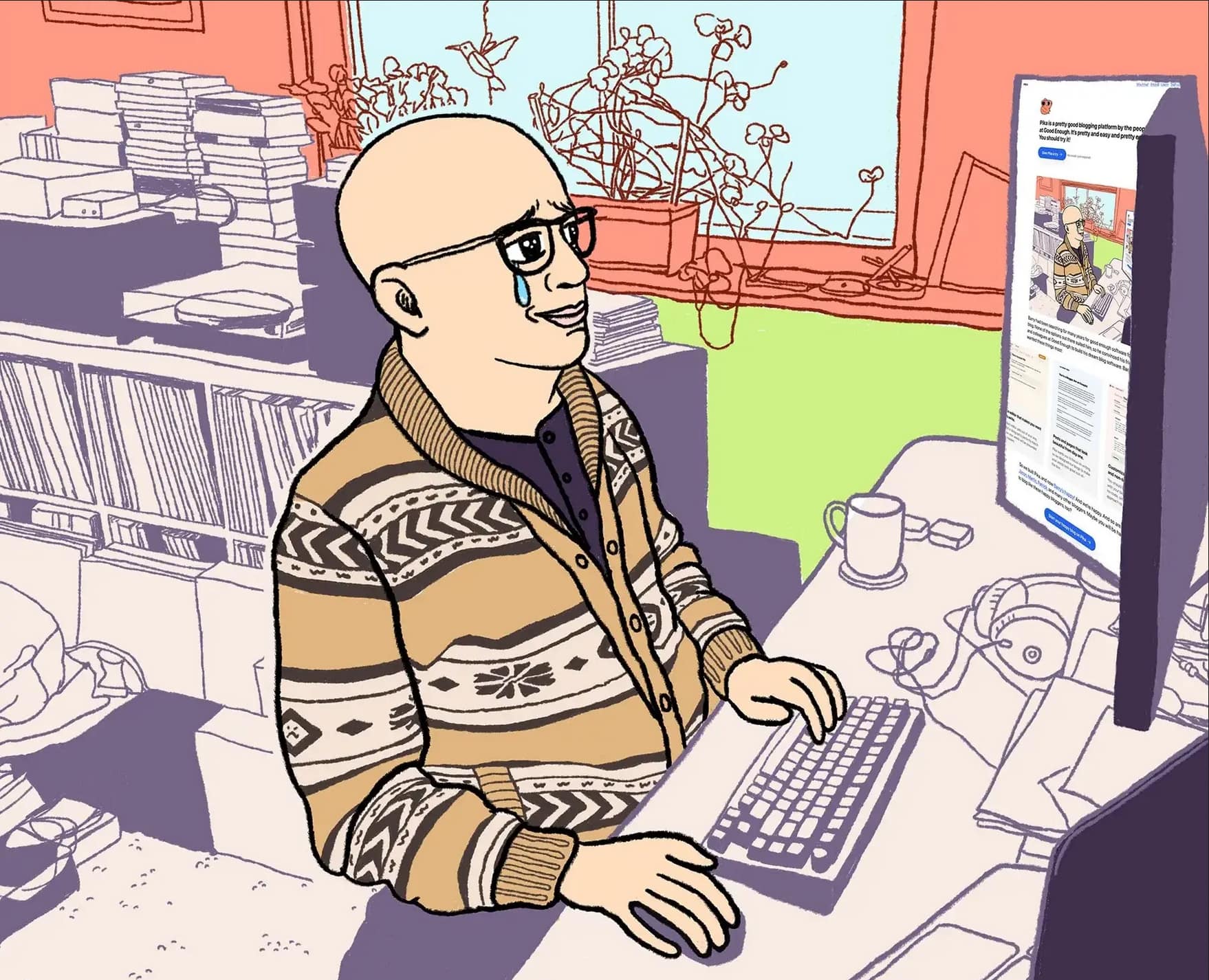 A bald person wearing glasses and a patterned sweater with a brown vest sits at a desk, smiling with a single tear on their cheek while working at a computer. The monitor displays the pika.page interface
