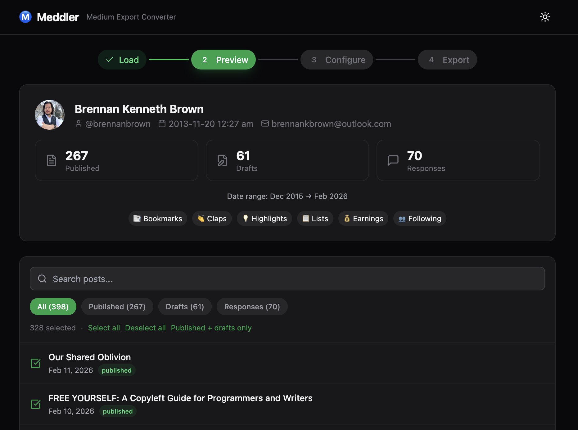 Meddler web interface showing the preview of converted Medium posts