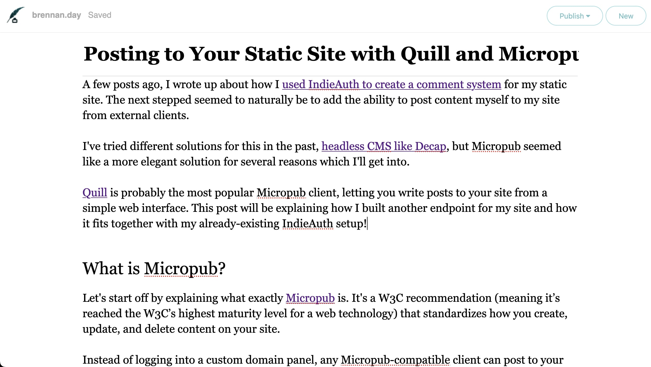 Quill interface showing the post editor with the title 'Posting to Your Static Site with Quill and Micropub' and content being written.