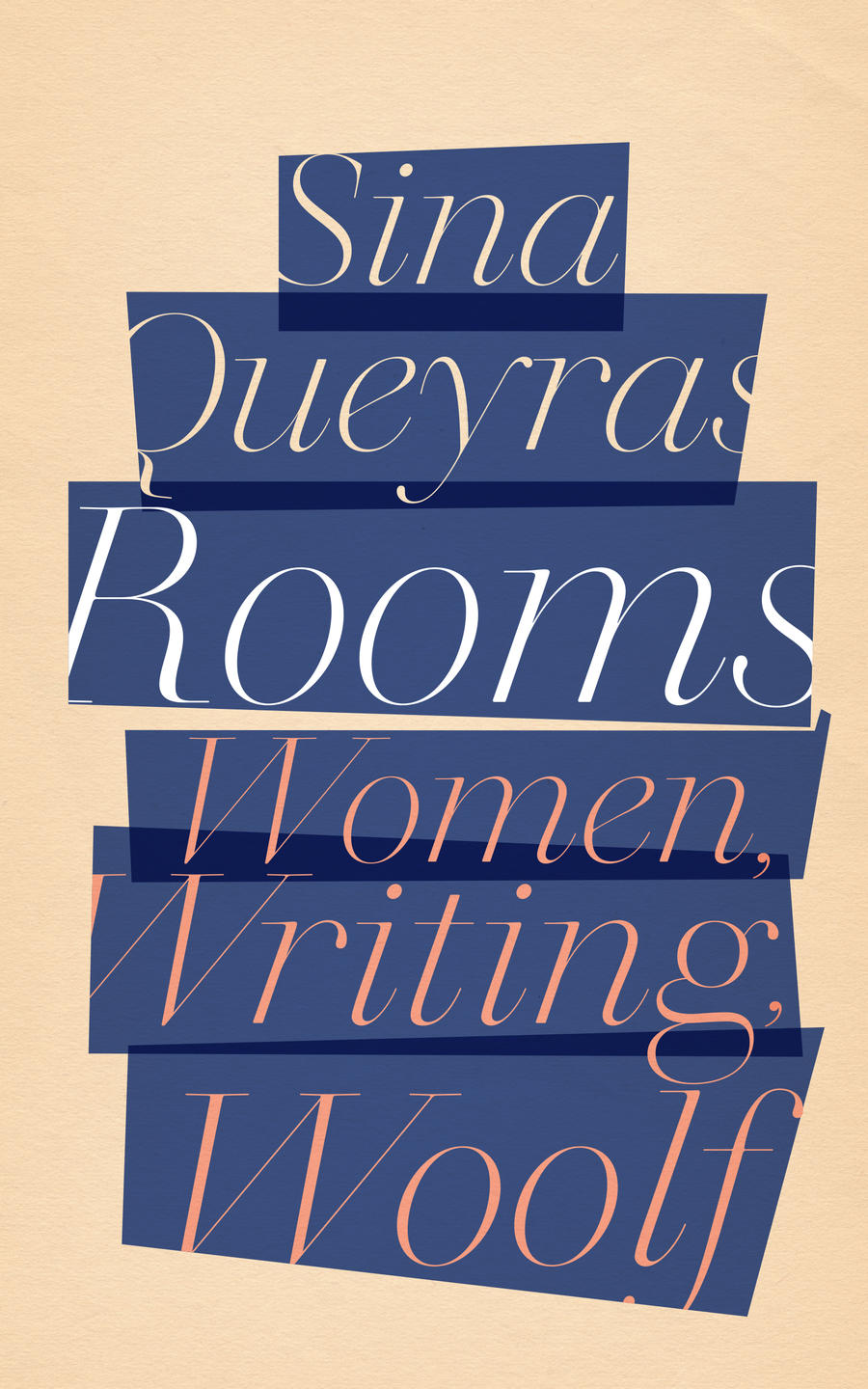 Stylized poster with layered blue geometric panels on a beige background. Elegant serif text reads 'Sina Queyras Rooms Women, Writing, Woolf' with 'Rooms' in large white letters and 'Women, Writing, Woolf' in coral-colored type.