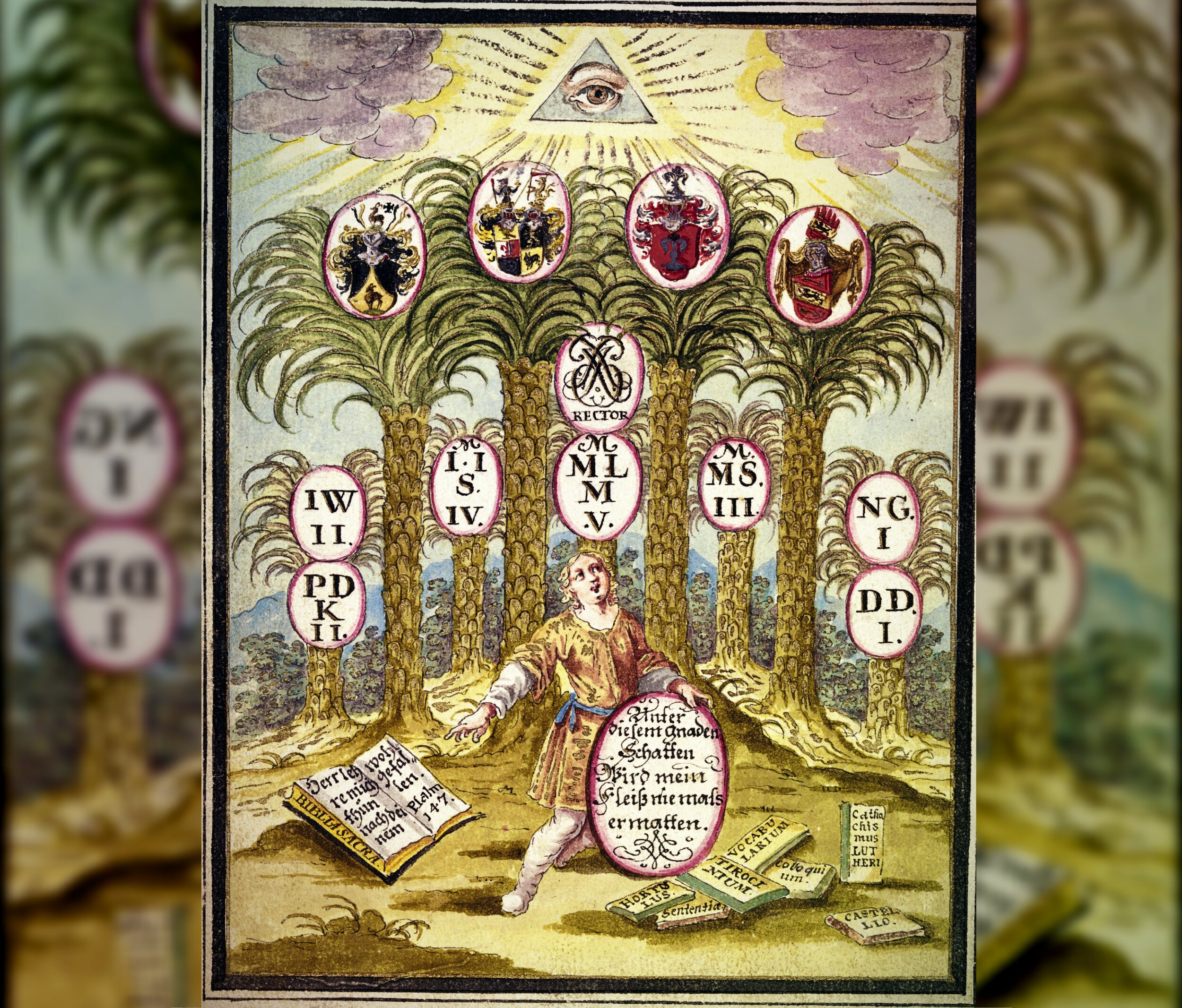 An ornate, hand-colored illustration in an old European style shows a person standing in a grove of stylized palm-like trees, surrounded by symbolic emblems and text. Above, a radiant triangle containing an eye (the “all-seeing eye”) shines through clouds. Each tree bears oval crests and circular plaques with letters, Roman numerals, and heraldic symbols. The central figure gestures outward while holding a shield-shaped panel with decorative script.