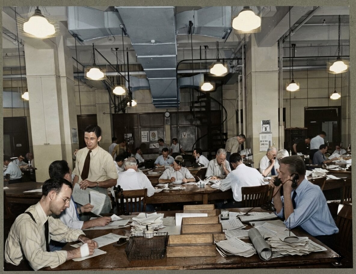 Busy vintage newsroom with journalists working at long wooden tables under industrial pendant lights. Men in white shirts and ties review papers and documents in a high-ceilinged space with exposed ductwork and black metal framework. The industrial-style office has a mid-20th century aesthetic with workers engaged in various reporting and editing tasks.