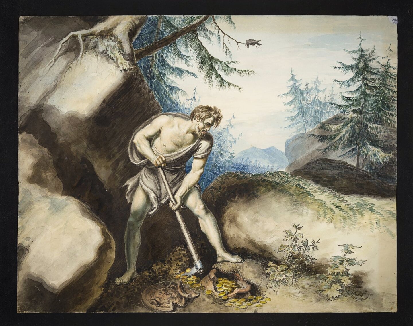 A watercolor illustration depicting Timon of Athens digging in rocky wilderness terrain, his muscular figure clad only in a draped cloth, uncovering a pile of gold coins at his feet. Evergreen trees and misty mountains form the background, with a bird in flight visible in the upper right.