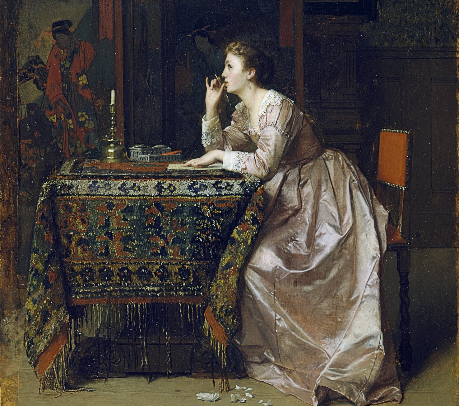 A lady in early 17th-century attire is seated at a table pondering a letter she is writing. In the background is a high Japanese screen. The artist has lavished great care in the rendering of the contrasting surfaces of his subject's satin dress and of the rug covering the table. In its intimacy and in its oriental note, this work approximates the painting of Alfred Stevens.
