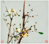 A detailed East Asian gongbi-style painting depicting bare brown branches bearing clusters of golden-yellow wintersweet (or plum) blossoms in various stages of bloom, along with a few green leaves. Several honeybees with distinct black-and-yellow striped bodies are shown in flight and landing on the flowers, painted with fine, realistic detail against a muted sage-gray background. Two red Chinese seal stamps appear in the bottom corners, characteristic of traditional East Asian brush painting.