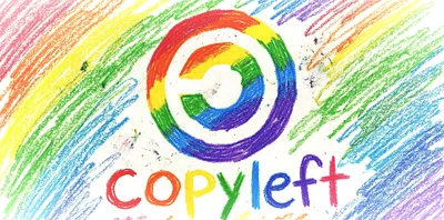 Rainbow-coloured copyleft symbol in a spiral design above the word 'copyleft' spelled in multi-colored letters, set against a background of diagonal rainbow crayon strokes in red, orange, yellow, green, blue, and purple