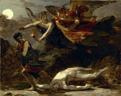 A dark Romantic-era oil painting depicting an allegorical scene of divine retribution. Two winged figures descend dramatically from a moonlit, storm-clouded sky — one holds a torch, the other brandishes a dagger and wears flowing red drapery. Below them, a dark-clad figure flees to the left, glancing back in terror, also carrying a torch. In the foreground, a pale, nearly nude human body lies prostrate on the ground, face-down, with a small wound visible on the torso. The palette is dominated by deep browns, greys, and blacks, with the pale body and the full moon providing stark contrast. The composition conveys swift, inevitable pursuit.