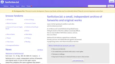 Screenshot of the fanfiction.lol homepage. The header is purple with the site logo and name on the left and a 