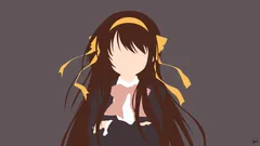 A minimalist vector-style illustration of a young anime girl with very long, flowing dark brown hair swept loosely to both sides. She wears a yellow headband and matching yellow ribbon ties near the ends of her hair. Her outfit consists of a dark navy or black school blazer over a white dress shirt with a pink bow at the collar. Her face is a flat, featureless peach shape. The background is a flat medium grey. A small artist's signature appears in the lower right corner.