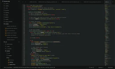 Screenshot of the JavaScript file (main.js) open in a code editor, showing a function called initCopyButtons that adds 'Copy' buttons to code blocks on a webpage. The file is part of the brennan.day 11ty project, visible in the left-hand file tree. The code targets pre and code elements, creates button elements with clipboard functionality, and includes a fallback for older browsers using execCommand. The status bar shows the file was last committed by Brennan Kenneth Brown.