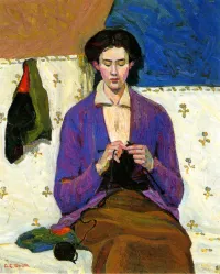 Oil painting of a dark-haired woman in a purple cardigan over a white blouse, seated and knitting with black yarn, eyes downcast in concentration. She's set against a patterned white cloth backdrop with a mustard-and-blue geometric background behind her. A dark green stocking hangs at left, and a ball of black yarn with knitted items rests at her side. Signed 'G.C. Smith' in red at the lower left corner.