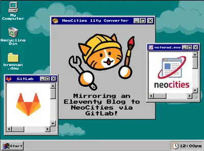 A retro Windows 95-style desktop screenshot showing three open windows. The center window titled 'NeoCities 11ty Converter' features a cheerful cartoon orange tabby cat wearing a yellow hard hat and holding a wrench and paintbrush. 