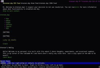 A terminal window showing the Lynx web browser displaying a text-only version of a website, with ASCII art and links numbered for keyboard navigation.