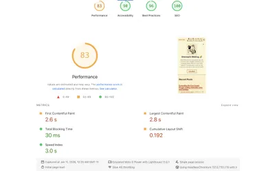 Google Lighthouse performance report showing a score of 83 out of 100, with metrics including First Contentful Paint at 2.6 seconds, Largest Contentful Paint at 2.8 seconds, Total Blocking Time at 30 milliseconds, Cumulative Layout Shift at 0.192, and Speed Index at 3.0 seconds.