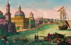 Hand-colored historical engraving of a European colonial waterfront, depicting an 18th-century port city. A broad river or harbor curves through the center, with a large sailing ship flying red pennants anchored at right. In the foreground, workers unload barrels and crates from wooden boats while several figures in brightly colored coats converse along the shoreline. Across the water stands a dense cluster of pastel-colored buildings dominated by a large domed cathedral and a tall stone tower, with additional church spires rising behind them. The sky is pale blue with soft pink clouds, giving the scene a calm, idealized atmosphere.