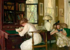 Impressionist interior scene: a woman in a white dress leans over a mahogany writing desk, pen in hand, beside a leaded-glass window with a bookcase behind her. To the right, a girl in a patterned dress and dark hair bow sits in a wingback chair reading a small blue book, lit by a white ceramic lamp on a side table