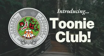 Graphic introducing Toonie Club featuring a Canadian two-dollar coin with colorful Indigenous art in the center, showing red and orange floral patterns and a traditional inukshuk figure on a green background. The coin is shown against a blurred forest background with white text reading 'Introducing... Toonie Club!' on the right side.