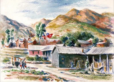 A watercolour painting of a rural mountain village scene. In the foreground, simple buildings with corrugated metal roofs line a dirt road where small figures walk. A flag flies from a pole near the center of the settlement. Behind the buildings, dense green trees dot the landscape, and in the background, dramatic mountains rise with slopes showing varied colors of pink, orange, green, and brown.