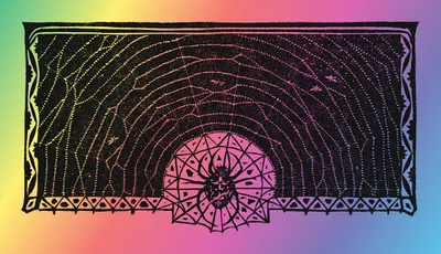 A black ink illustration on a rainbow gradient background that shifts from yellow-green at the left through orange, pink, and purple to blue at the right. The illustration depicts a large spider web rendered as concentric semicircular arcs radiating outward from a central point at the bottom, with radial lines crossing them in a dotted, hand-drawn style. At the center bottom sits a stylized spider figure surrounded by a geometric mandala of triangles and star-like forms, set against a bright magenta-pink circle. The entire composition is framed by a rectangular border decorated with repeating geometric diamond and triangle motifs along the edges. Small flies are scattered throughout the web