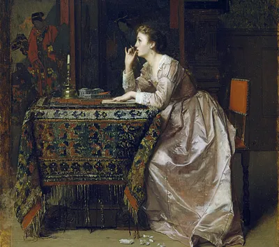 A lady in early 17th-century attire is seated at a table pondering a letter she is writing. In the background is a high Japanese screen. The artist has lavished great care in the rendering of the contrasting surfaces of his subject's satin dress and of the rug covering the table. In its intimacy and in its oriental note, this work approximates the painting of Alfred Stevens.