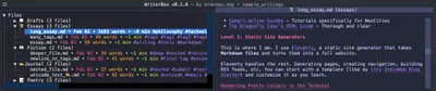 Screenshot of WriterBox v0.1.0 application showing a dark-themed interface with a file browser on the left and document preview on the right. The file browser displays a hierarchical folder structure. The preview pane shows content from 'long_essay.md' with purple hyperlinks